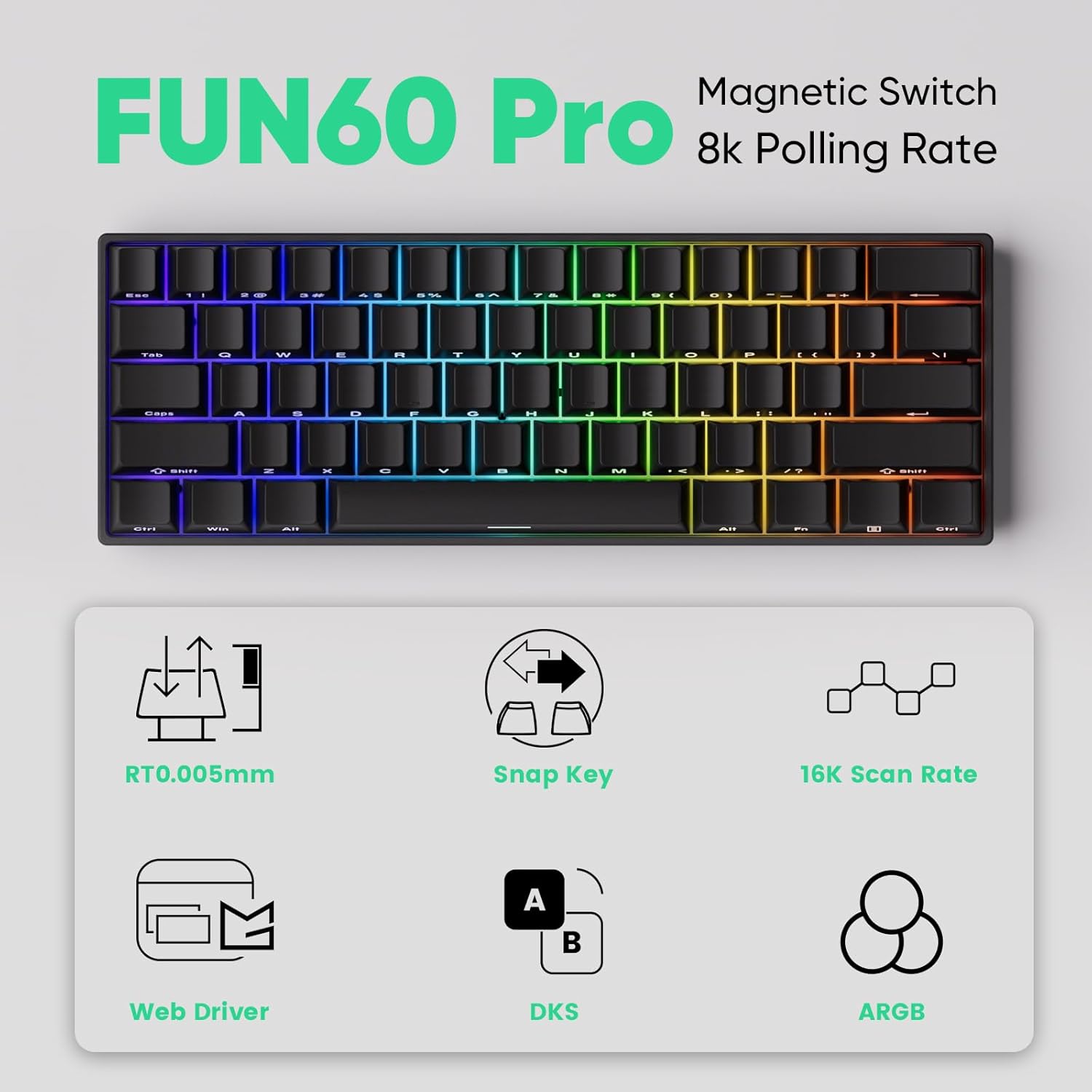 Teclado Mecânico Gamer Magnético Akko x Monsgeek Fun60 Pro SP Preto 8k Switch Akko Glare Linear AKKO01-00005-BLK