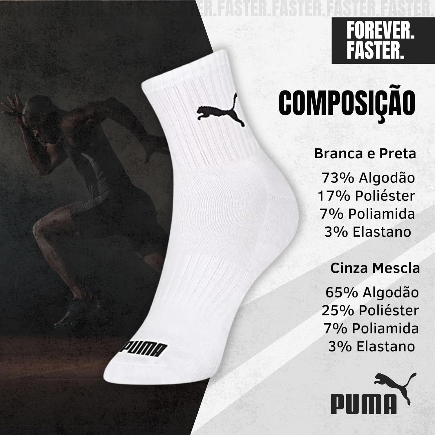 Kit 6 Pares Meia Cano Médio Alto Atoalhada Esportiva Algodão Masculina Feminina Unissex Adulto Academia Dia a Dia Puma