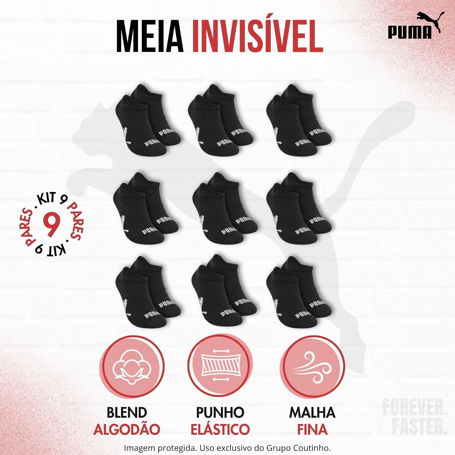 Kit 9 Pares Meia Puma Invisível Soquete Sapatilha Respirável Original