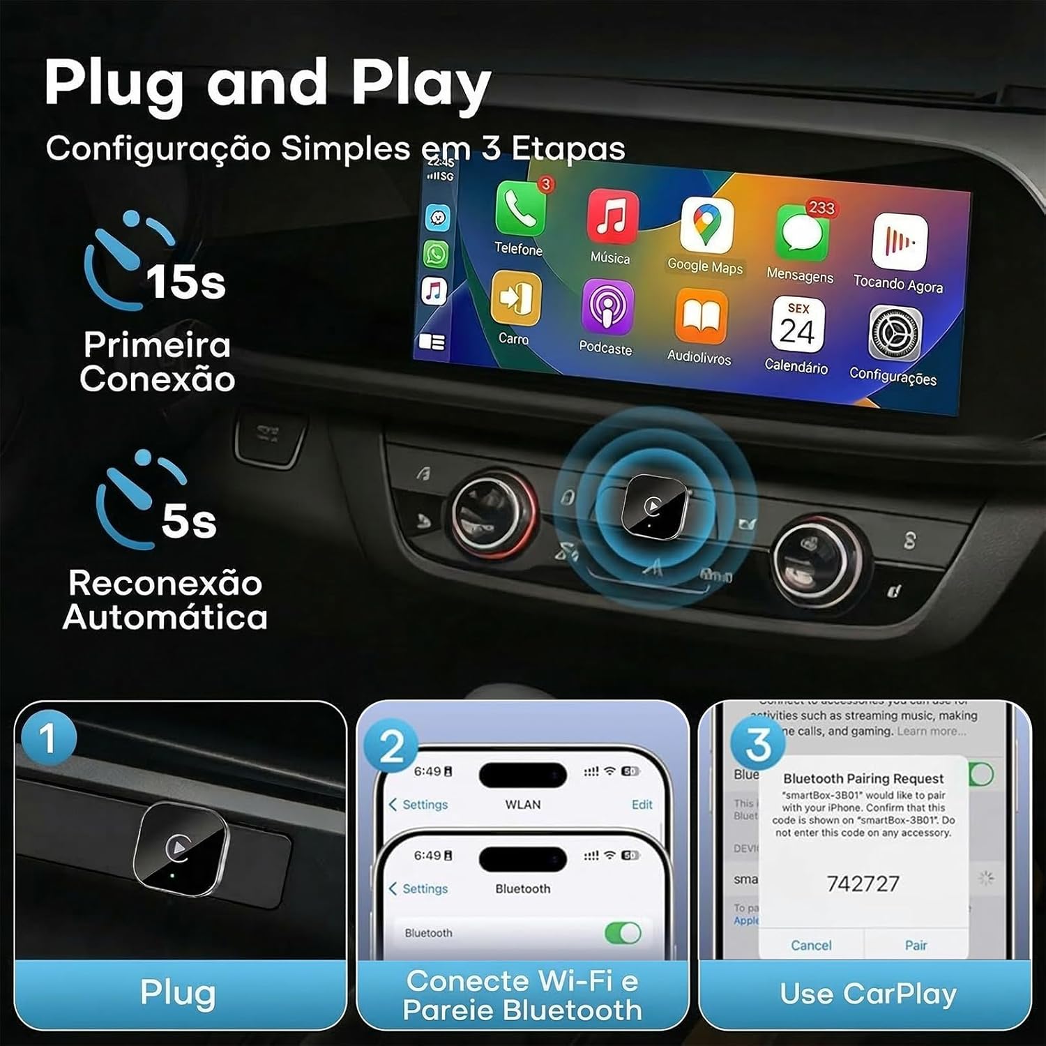 Adaptador CarPlay Sem Fio e Android Auto Sem Fio, Dongle USB 2 em 1 Plug &amp; Play, Conexão Rápida, Suporte Navegação, Música e Siri, Para iOS e Android