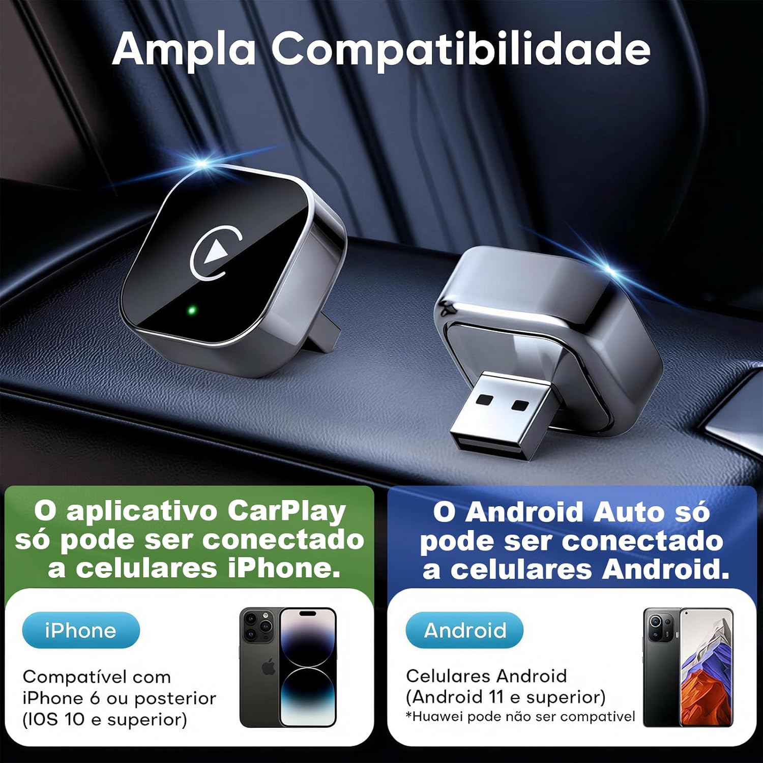 Adaptador CarPlay Sem Fio e Android Auto Sem Fio, Dongle USB 2 em 1 Plug &amp; Play, Conexão Rápida, Suporte Navegação, Música e Siri, Para iOS e Android