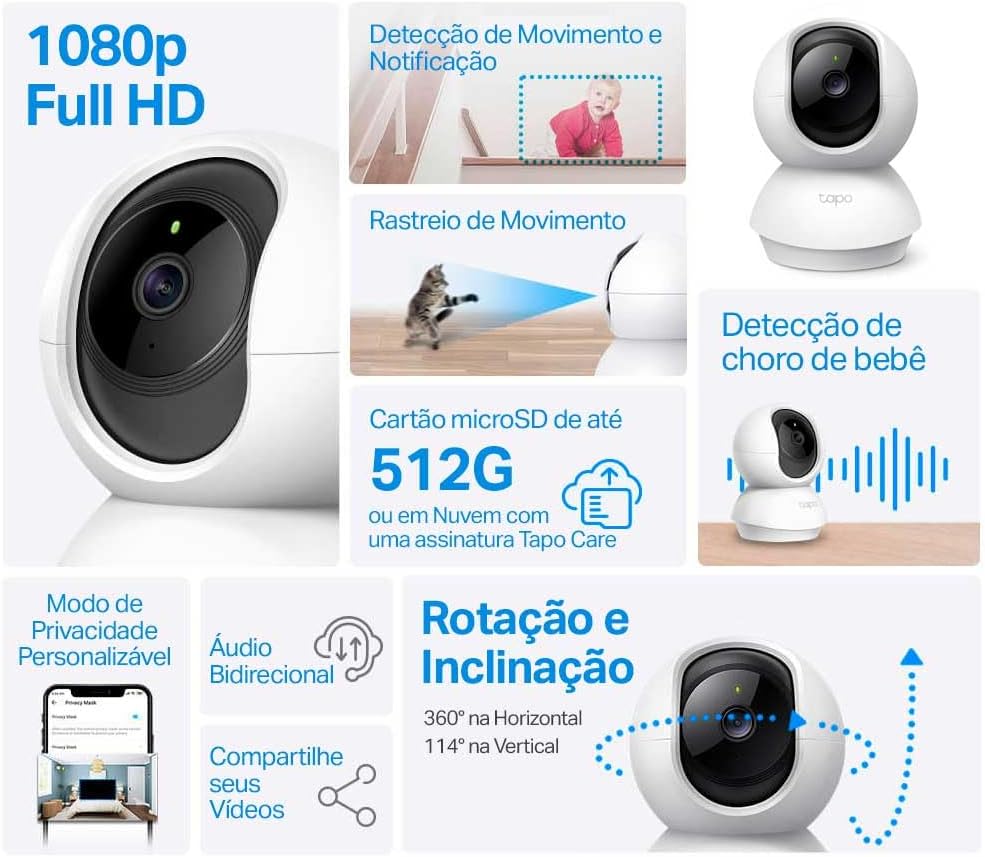 TP-Link Tapo C200, Camera de Segurança Wi-Fi 360º, 1080p Full HD, Visão Noturna, Audio de duas vias, Detecção de Movimentos, Trabalha com Alexa, 512G, Armazenamento na Nuvem