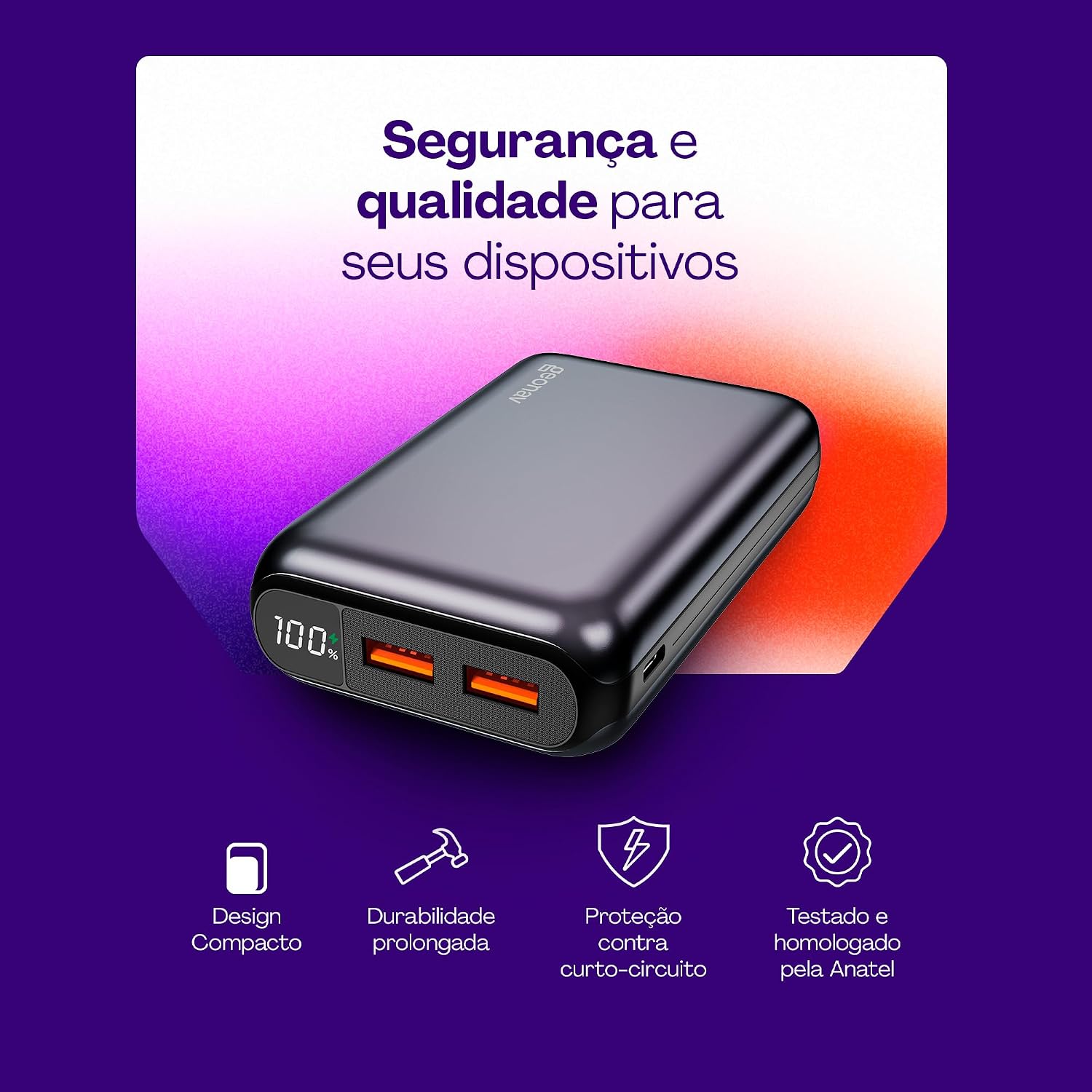 Geonav Power Bank, Carregador Portátil Universal 20.000mAh, USB-A (até 18W) + USB-C (até 20W), Compacto, Carregamento Rápido, Pass Through, Led Indicador de Bateria, PB20K20WSG, Cinza espacial