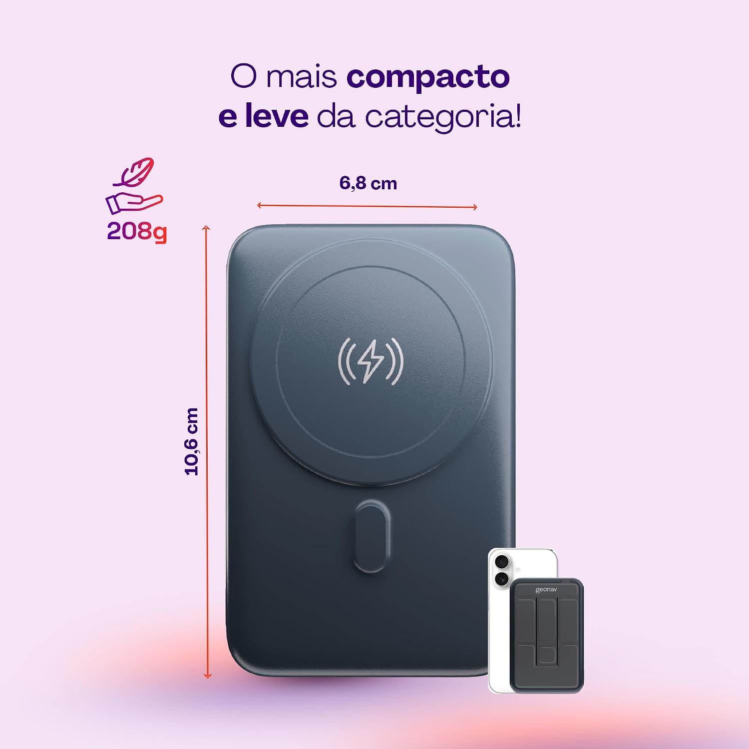 Geonav Power Bank, Carregador Portátil Universal por Indução 10.000mAh, Carregamento rápido*, Suporte Dobrável, Compatível com MagSafe®, PB10MAGSG, Cinza