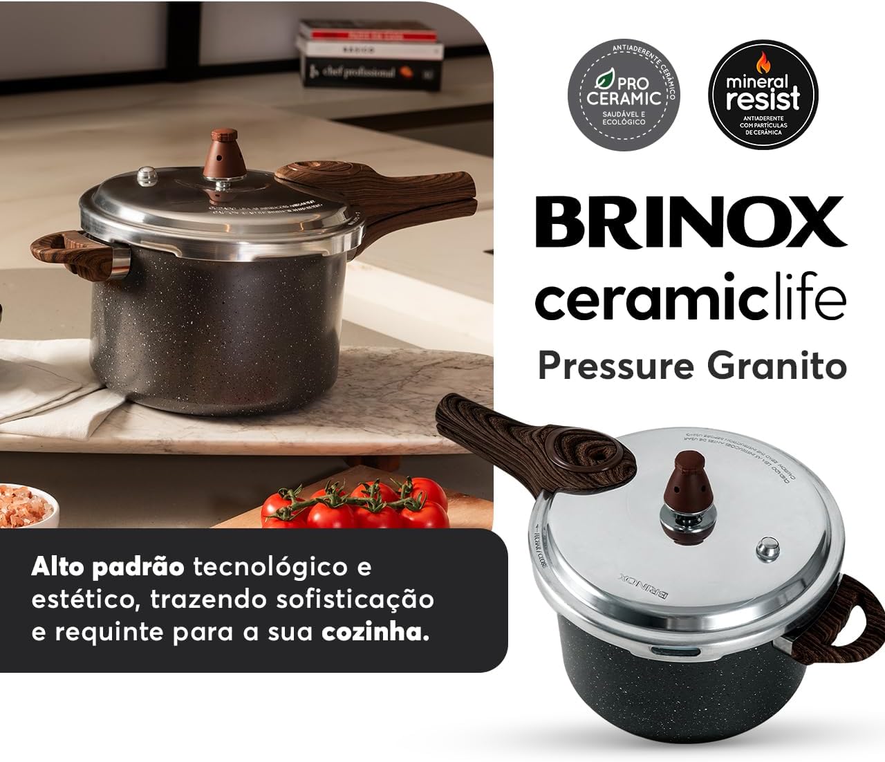 Panela de Pressão Brinox 6,8L Ceramic Life Pressure Revestimento Cerâmico Com Indução Granito