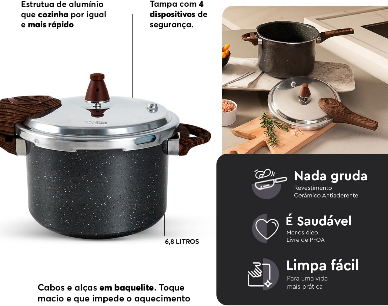 Panela de Pressão Brinox 6,8L Ceramic Life Pressure Revestimento Cerâmico Com Indução Granito