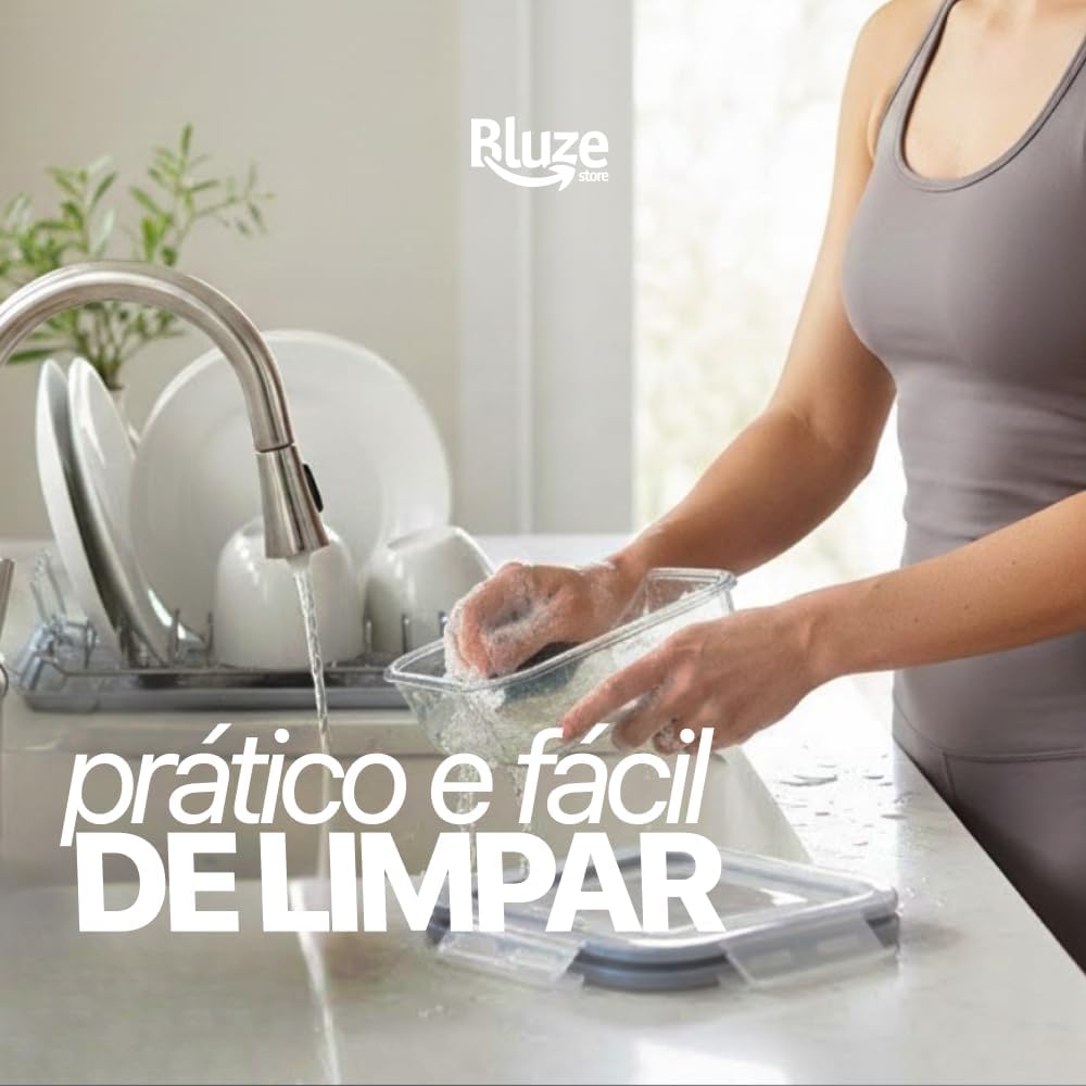 Kit 6 Potes de Vidro Borossilicato Retangular 640ml Marmita Com Tampa Hermética 4 Travas Resistente Livre de BPA Ideal para Conservação de Alimentos Freezer Micro-ondas Lava-louças Premium