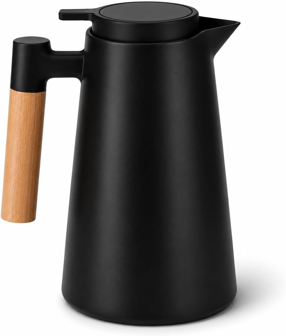 Garrafa Térmica Nórdica 1L com Cabo em Madeira Premium Conserva Quente e Gelado Design Escandinavo Premium Preta para Café e Chá Tampa Rosqueável com Sistema de Pressão Mesa Posta Preto