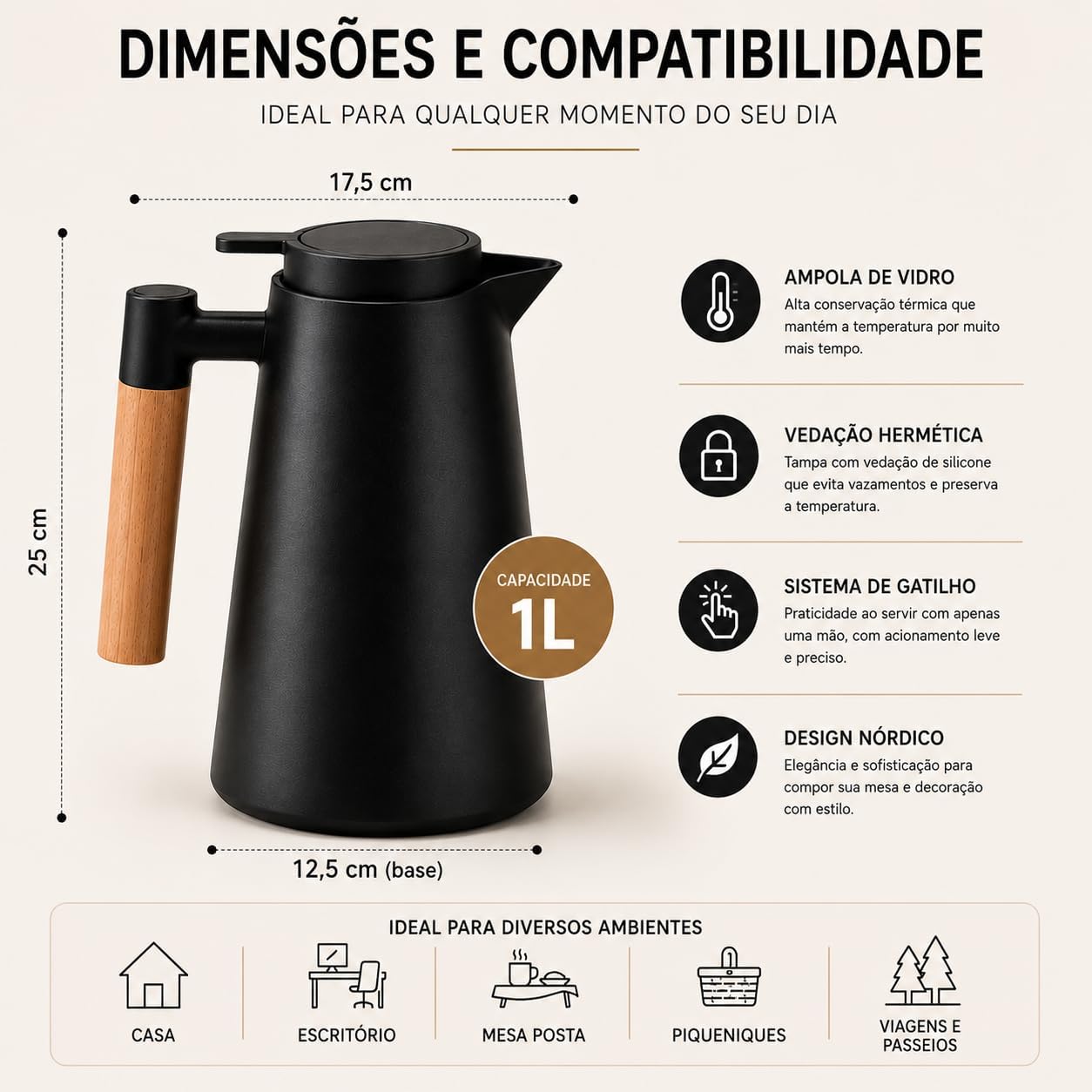 Garrafa Térmica Nórdica 1L com Cabo em Madeira Premium Conserva Quente e Gelado Design Escandinavo Premium Preta para Café e Chá Tampa Rosqueável com Sistema de Pressão Mesa Posta Preto
