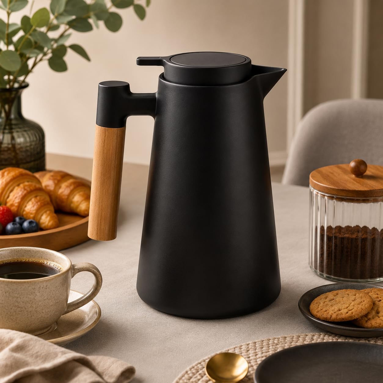Garrafa Térmica Nórdica 1L com Cabo em Madeira Premium Conserva Quente e Gelado Design Escandinavo Premium Preta para Café e Chá Tampa Rosqueável com Sistema de Pressão Mesa Posta Preto