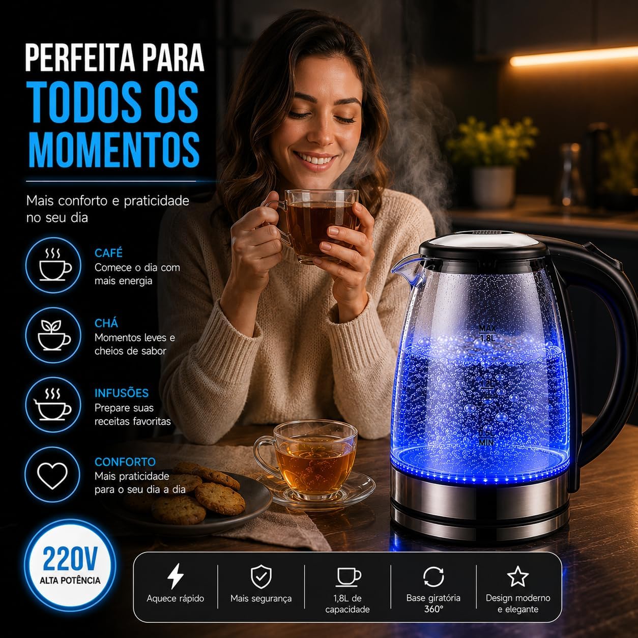 Chaleira Elétrica de Vidro 1,8L 220V com LED Azul – Aquecimento Rápido, Desligamento Automático e Base 360° | Ideal para Chá, Café e Água Quente (220V)