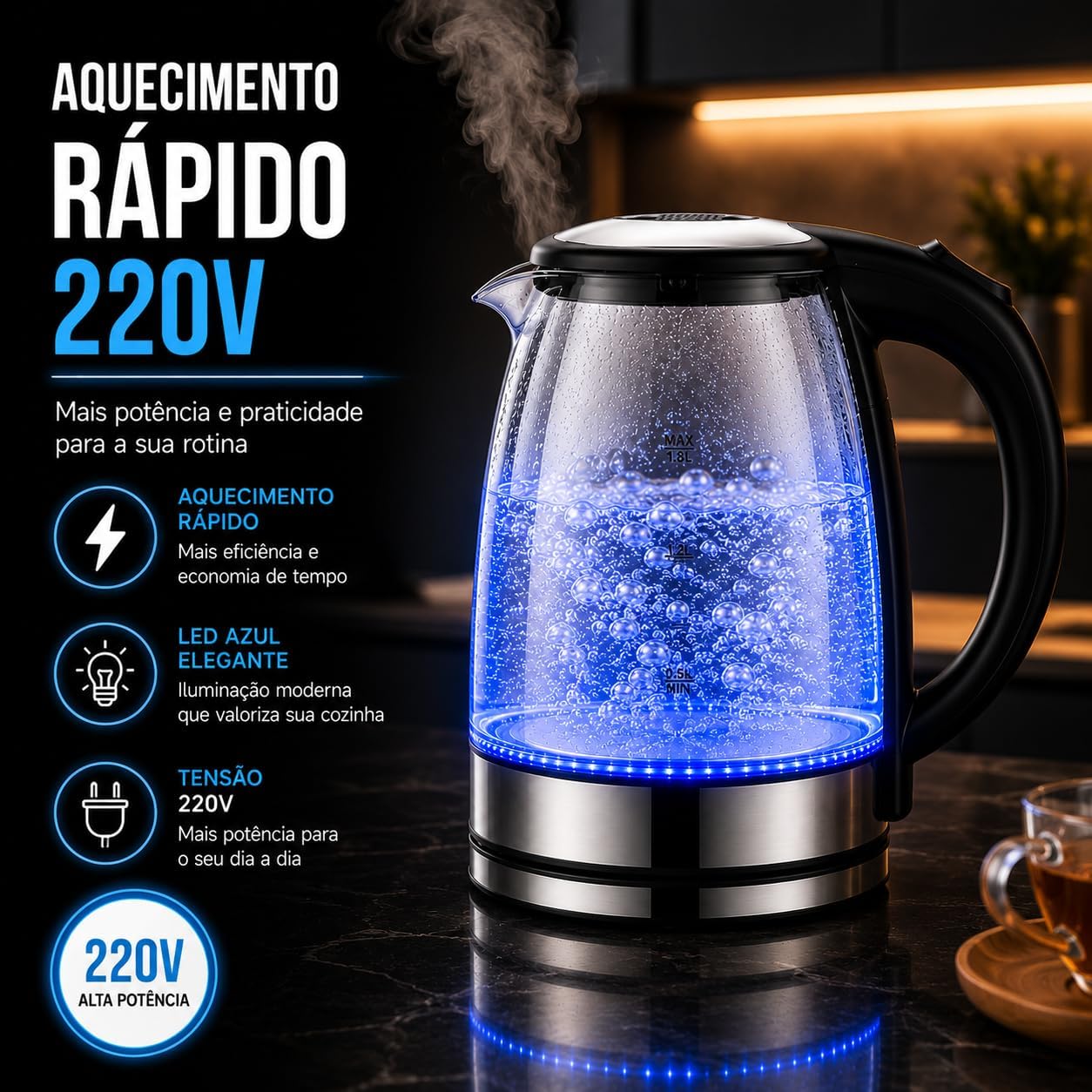 Chaleira Elétrica de Vidro 1,8L 220V com LED Azul – Aquecimento Rápido, Desligamento Automático e Base 360° | Ideal para Chá, Café e Água Quente (220V)