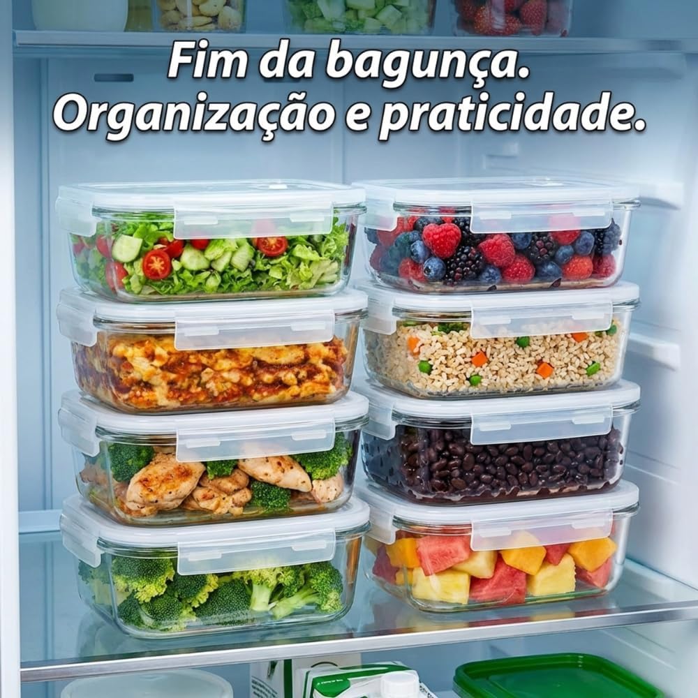 Kit 10 Potes de Vidro Herméticos 640ml com 4 Travas Ideal para Marmitas e Conservação de Alimentos, Vedação Total, Refratário para Forno e Freezer