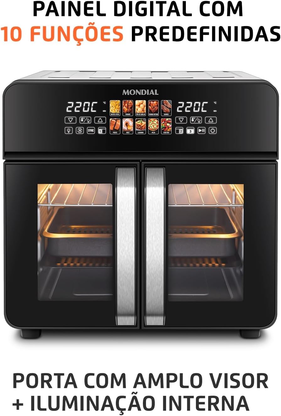 MONDIAL Air Fryer Forno 25L French Door, Preto/Inox, 2200W, 220V - AFDO-25L-FD