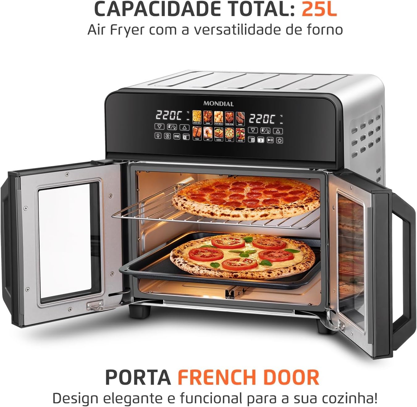 MONDIAL Air Fryer Forno 25L French Door, Preto/Inox, 2200W, 220V - AFDO-25L-FD