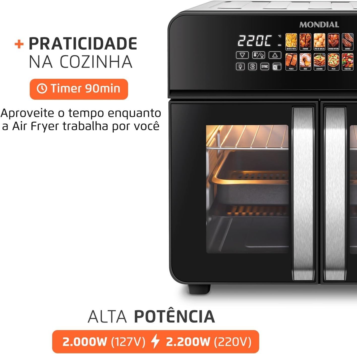MONDIAL Air Fryer Forno 25L French Door, Preto/Inox, 2200W, 220V - AFDO-25L-FD