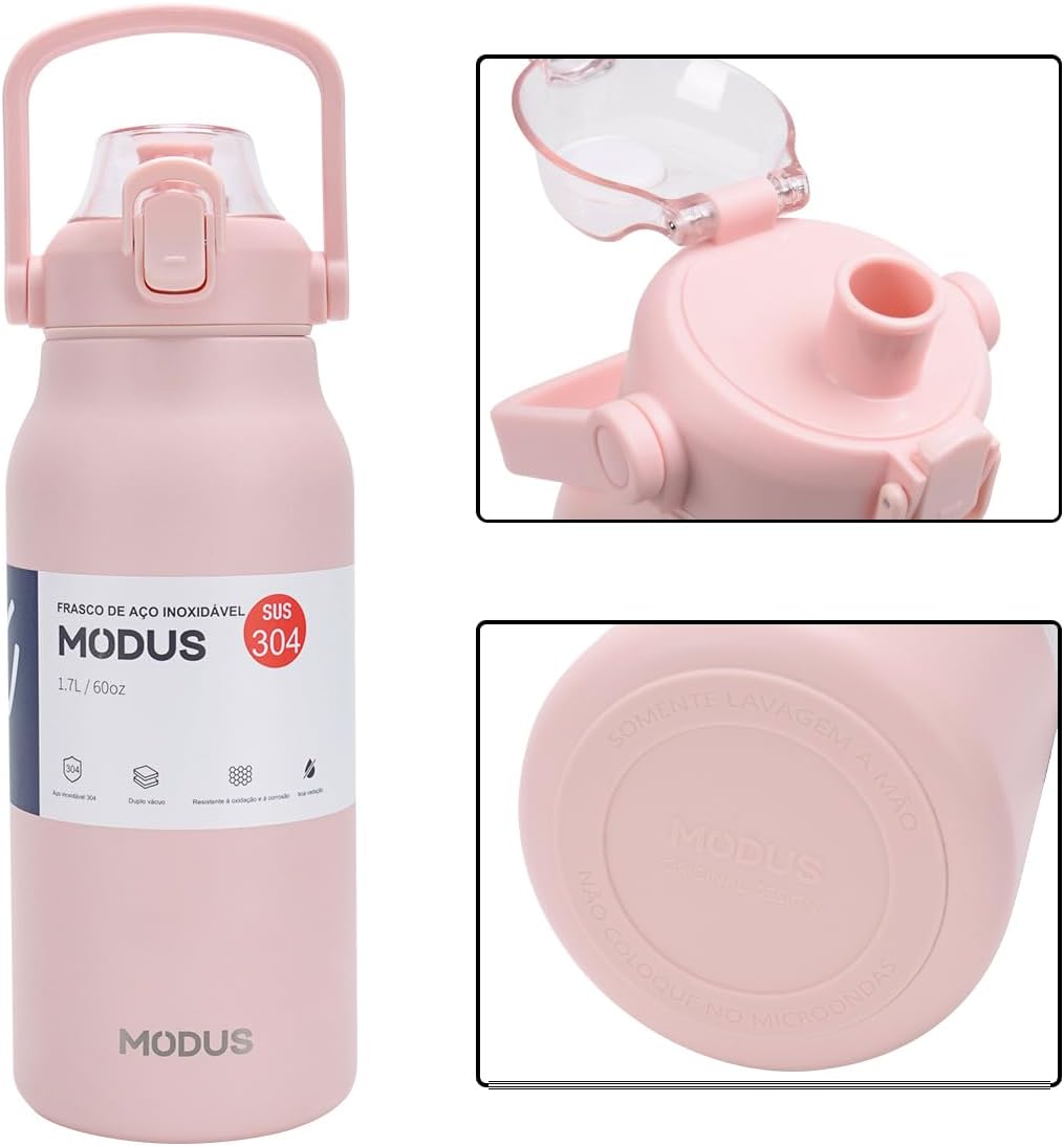Garrafa Térmica 1700ml - Duplamente Isolada a Vácuo, Canudo e Base Emborrachada Anti Derrapante, Mantém Bebidas Quentes por 12 Horas e Geladas por 24 Horas (Rosa)