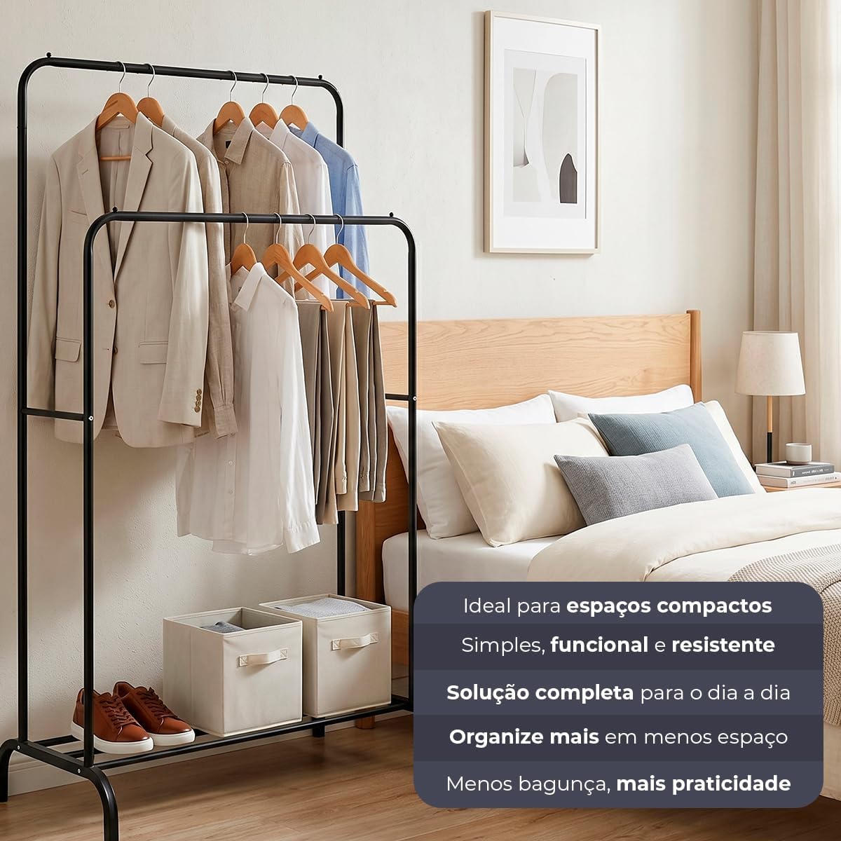 Decolab Arara Cabideiro de Chão Extensível Duplo Organizador Multiuso 2 Andares com Sapateira Quarto e Closet para Cabides com Camisetas, Vestidos, Agasalhos, Calçados (Preto)