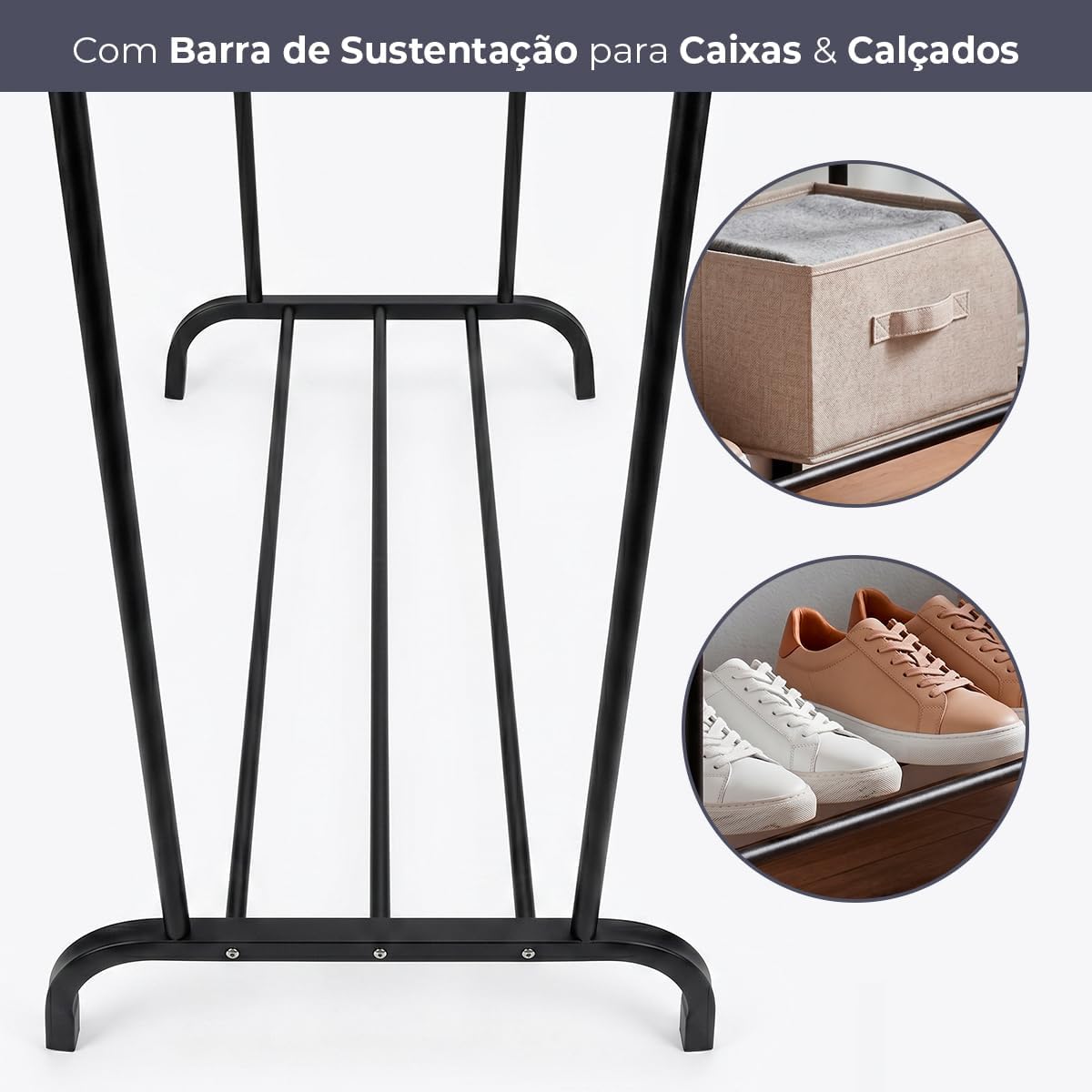 Decolab Arara Cabideiro de Chão Extensível Duplo Organizador Multiuso 2 Andares com Sapateira Quarto e Closet para Cabides com Camisetas, Vestidos, Agasalhos, Calçados (Preto)
