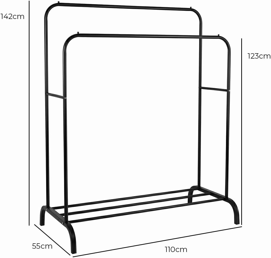 Decolab Arara Cabideiro de Chão Extensível Duplo Organizador Multiuso 2 Andares com Sapateira Quarto e Closet para Cabides com Camisetas, Vestidos, Agasalhos, Calçados (Preto)