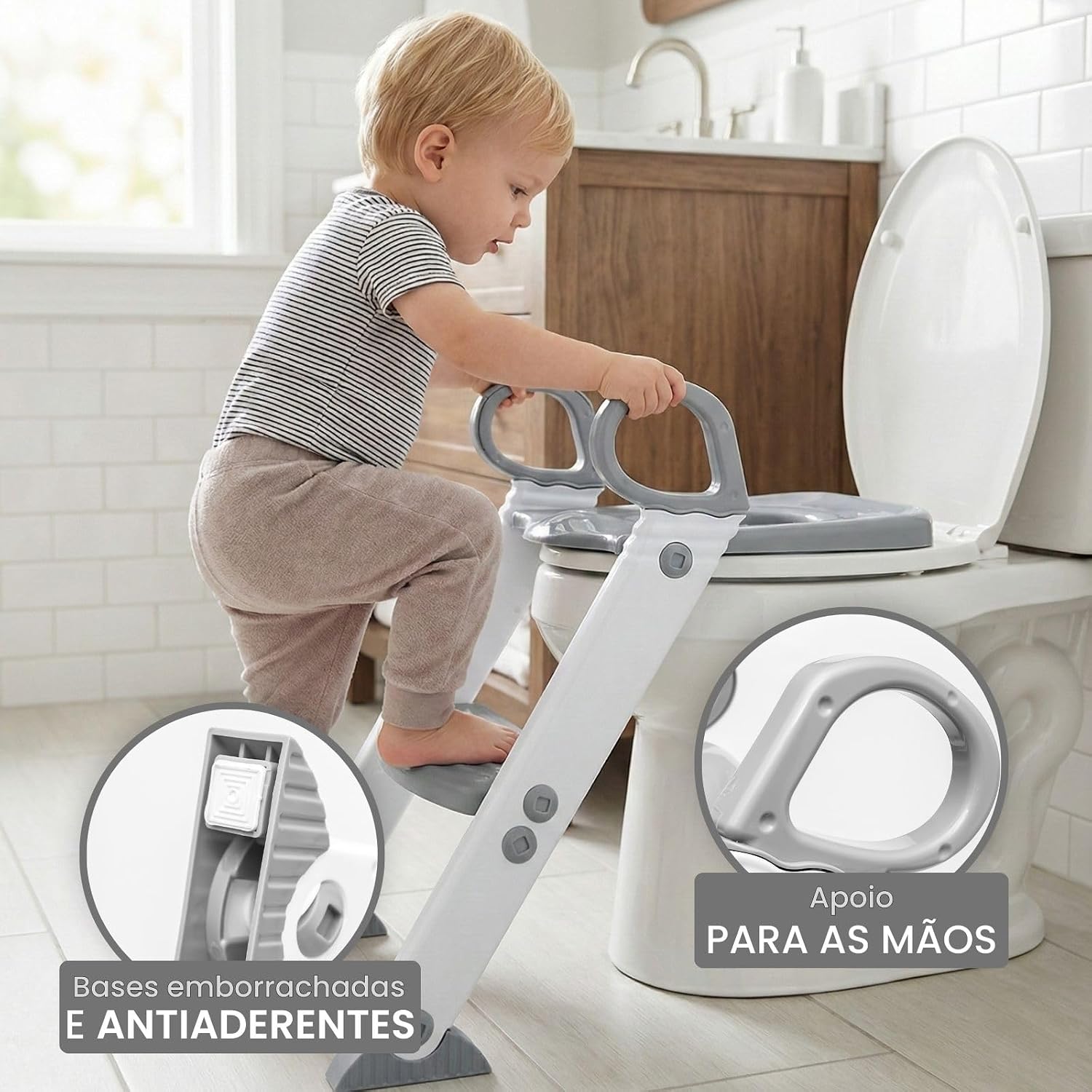 Assento Redutor Infantil Vaso Sanitário Privada Com Escada Trono Troninho (Cinza)