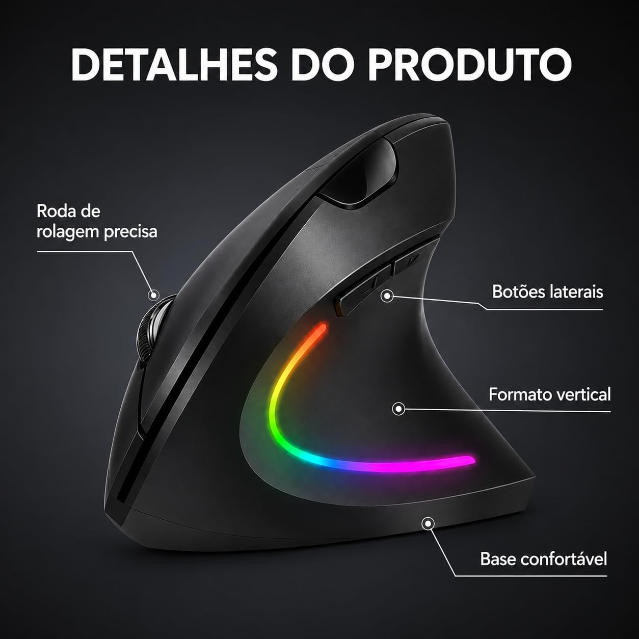 Mouse Vertical Ergonômico Recarregável Sem Fio, Dual Mode Bluetooth + 2.4G USB, Cliques Silenciosos, RGB, Compatível com PC e Notebook