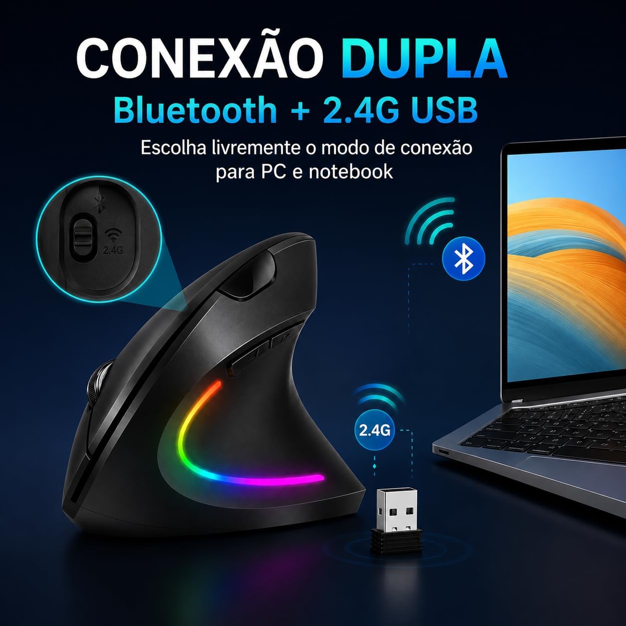 Mouse Vertical Ergonômico Recarregável Sem Fio, Dual Mode Bluetooth + 2.4G USB, Cliques Silenciosos, RGB, Compatível com PC e Notebook
