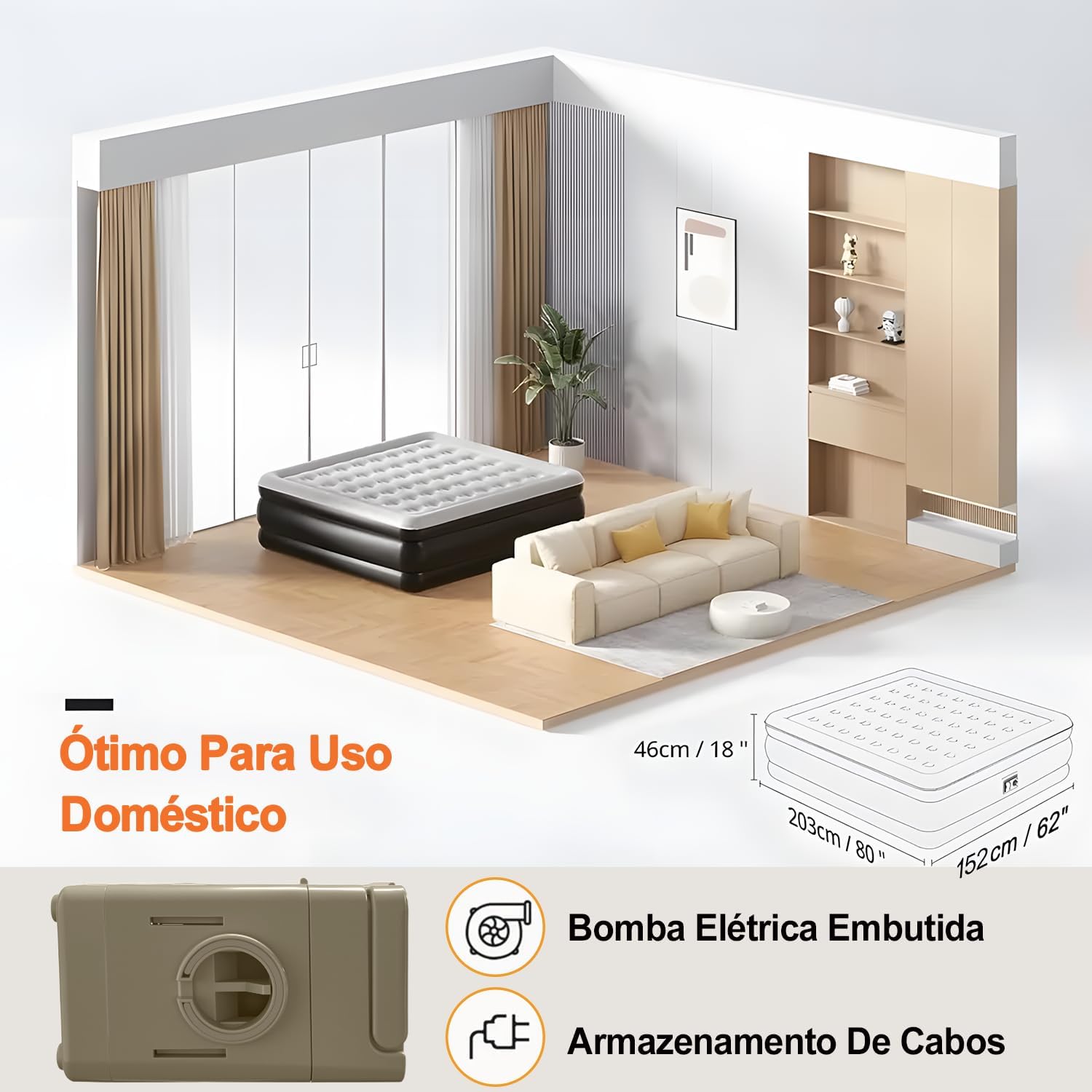 Colchão de Ar Queen Size Premium, Inflável Portátil com Bomba de Lítio Embutida, Cama de Ar para Camping e Casa 203 * 152 * 46 cm (Casal)