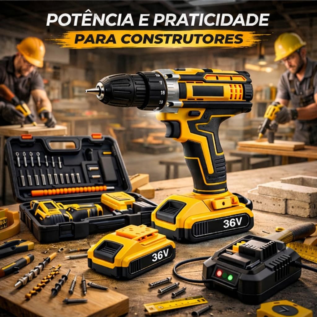 Furadeira e Parafusadeira de Impacto Sem Fio com LED 2 Baterias Recarregáveis Bi-volt e Acessórios Maleta Completa para Uso Profissional e Doméstico Linha Premium