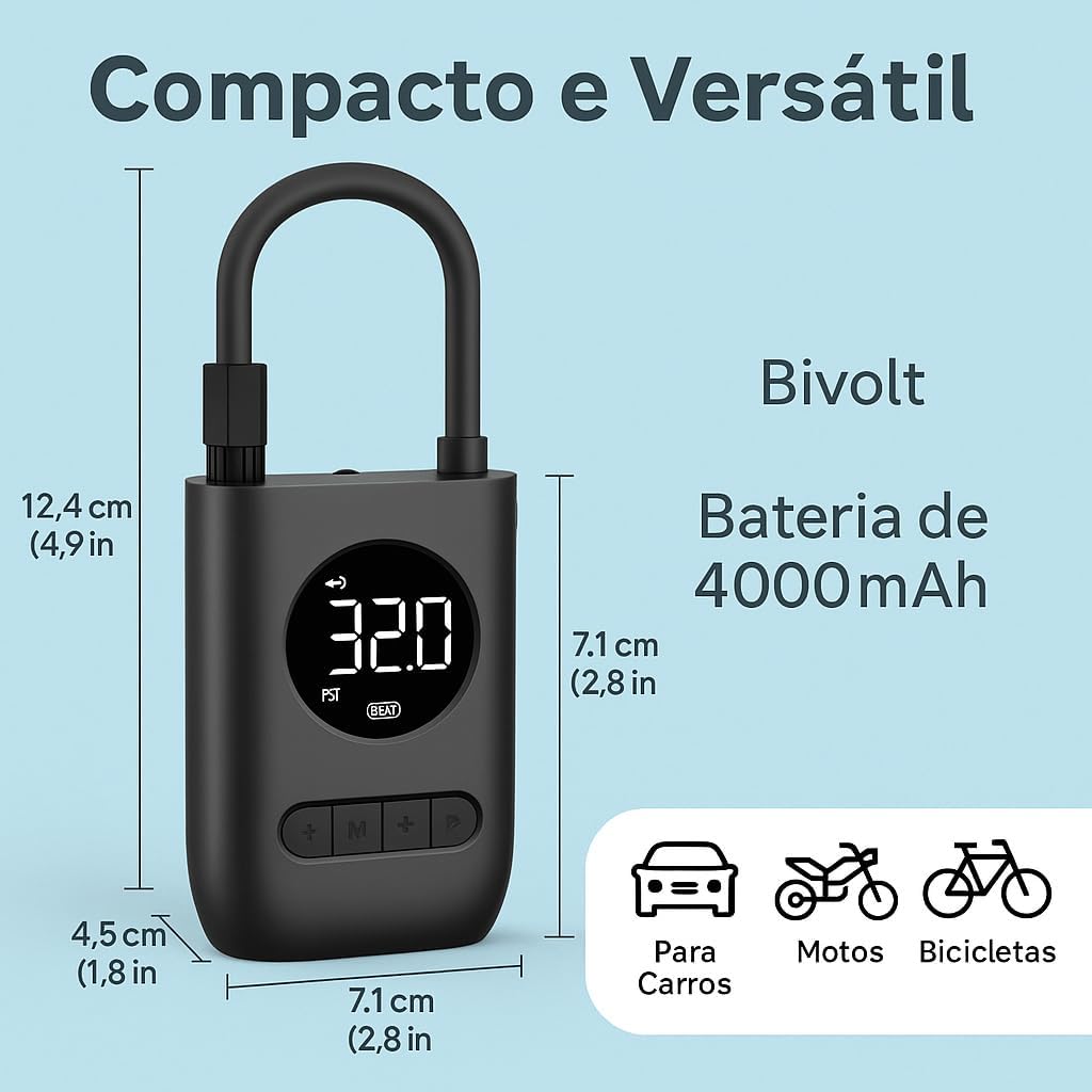 Calibrador Compressor Bomba De Ar Portátil Digital Mini Com Lanterna LED para Encher Pneus de Carro, Moto, Bike, Bicicleta, Bola e Piscina Inflável