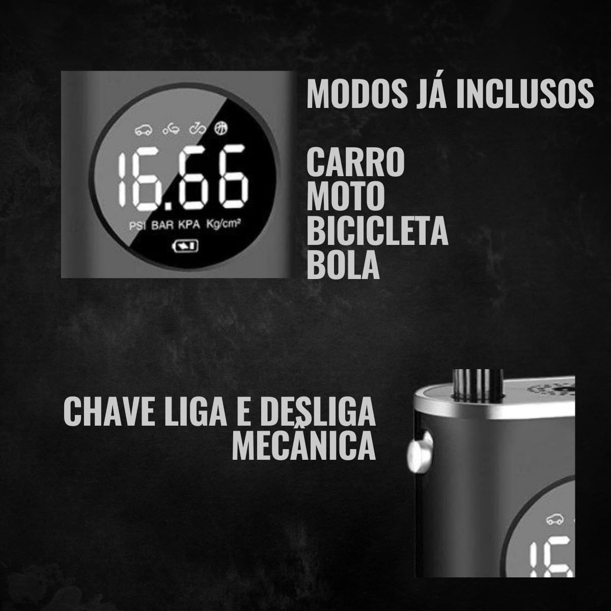 Calibrador Portátil Compressor Bomba De Ar Digital Com Lanterna LED para Encher Pneus de Carro, Moto, Bike, Bicicleta, Bola e Piscina Inflável Premium