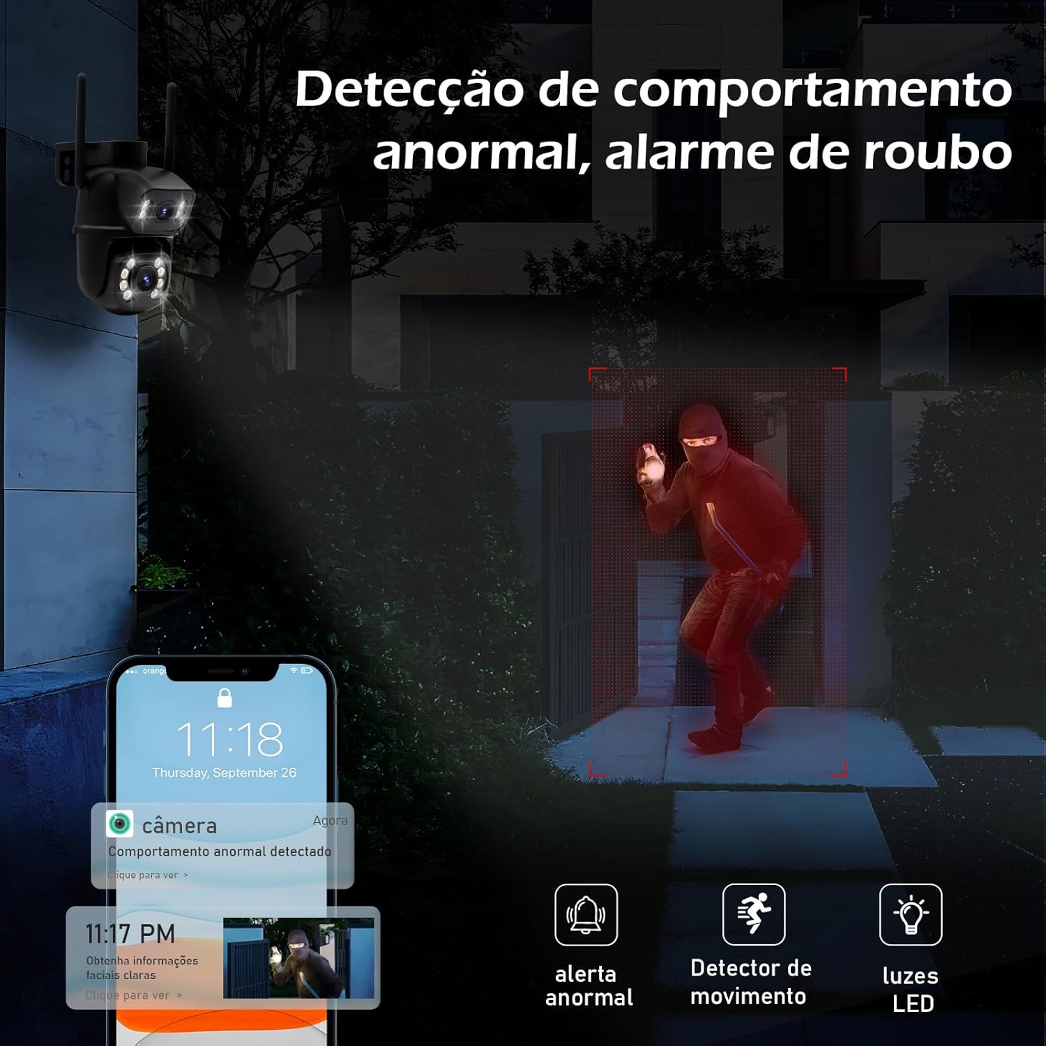 Câmera IP Sem Fio de Segurança Externa HD 3MP, Câmera de Visão Noturna Infravermelha WiFi, Dupla Lente Grande Angular, IP66 à Prova D'água e à Prova de Poeira, Chamada de Voz Bidirecional, Preto
