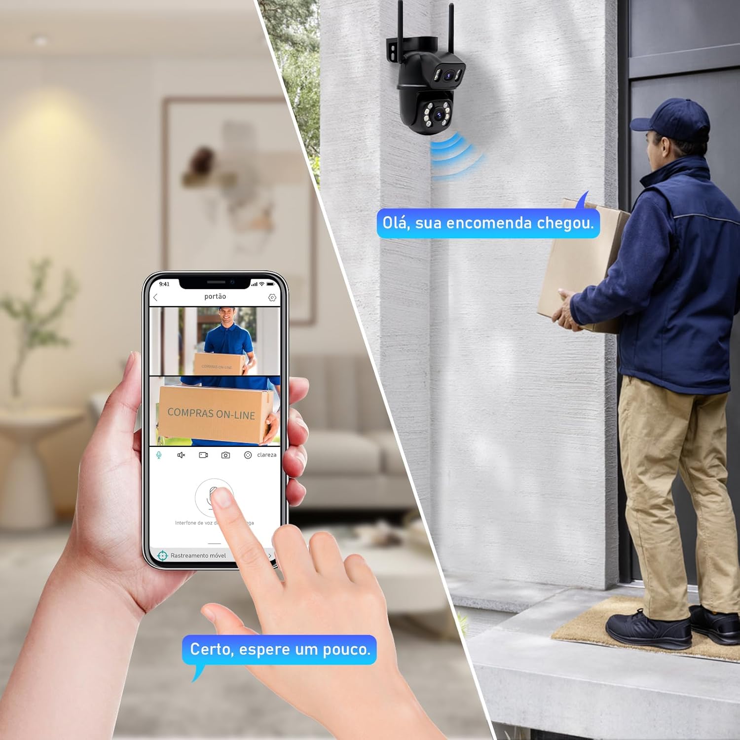 Câmera IP Sem Fio de Segurança Externa HD 3MP, Câmera de Visão Noturna Infravermelha WiFi, Dupla Lente Grande Angular, IP66 à Prova D'água e à Prova de Poeira, Chamada de Voz Bidirecional, Preto