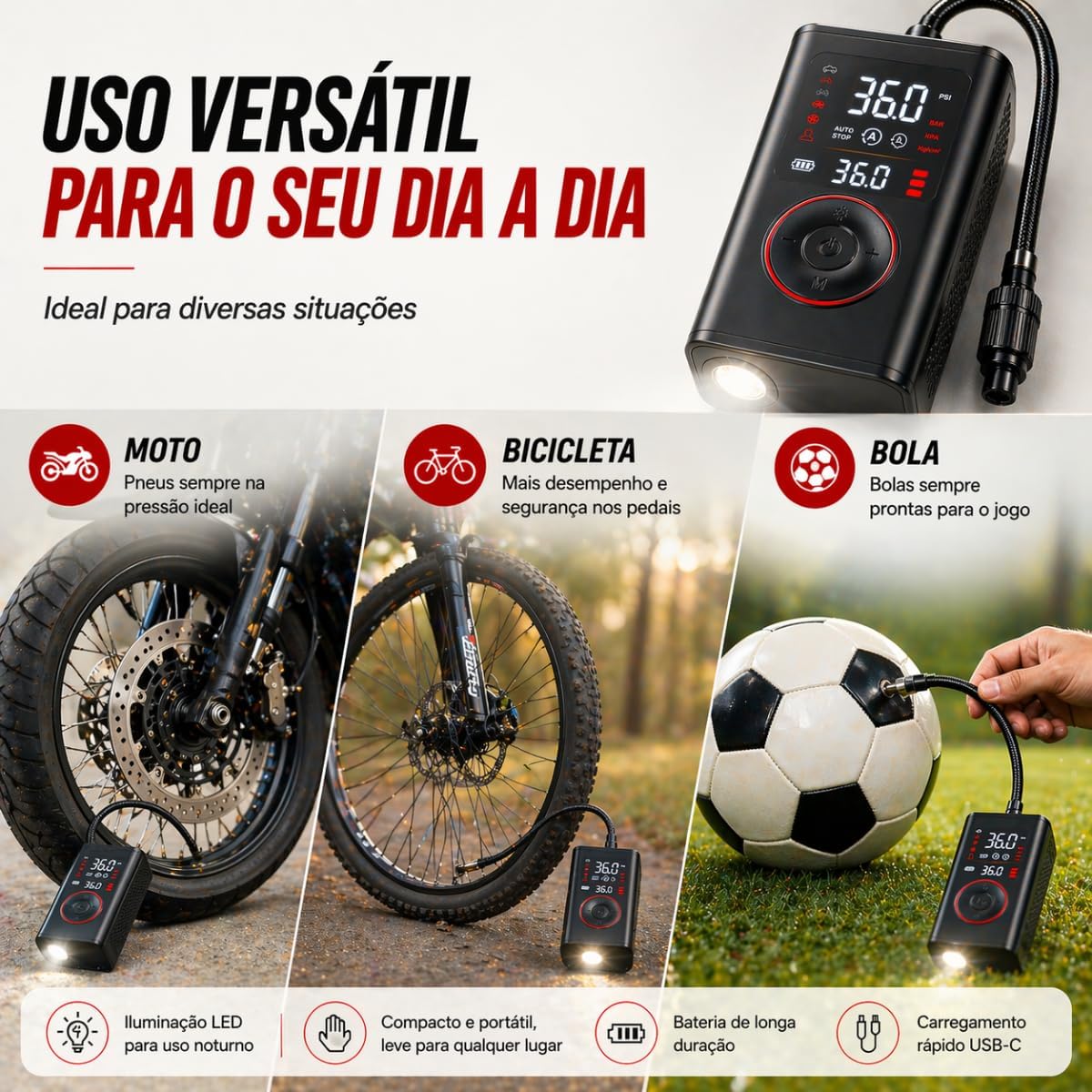 Compressor de Ar Portátil Premium Mini Calibrador Bomba de Ar Digital Para Encher Pneus de Carro, Moto, Bike, Bola e Infláveis Recarregável Sem Fio Com Lanterna LED - Carrega o Celular