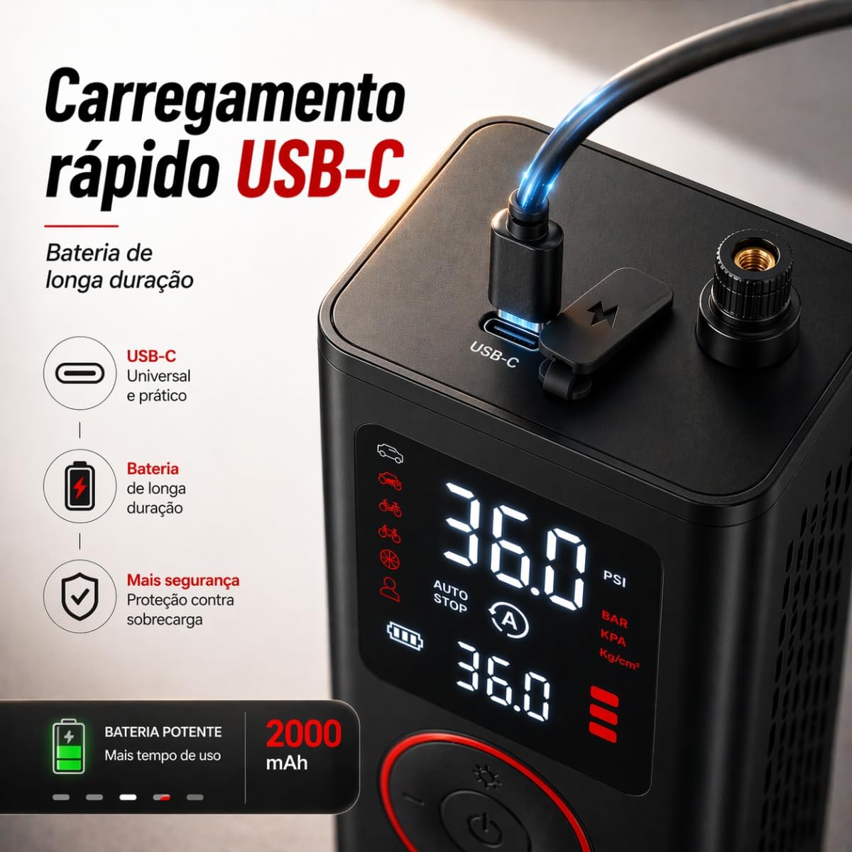 Compressor de Ar Portátil Premium Mini Calibrador Bomba de Ar Digital Para Encher Pneus de Carro, Moto, Bike, Bola e Infláveis Recarregável Sem Fio Com Lanterna LED - Carrega o Celular