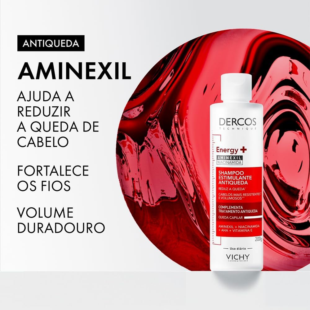 Vichy Dercos Energy+, Shampoo Estimulante, Tratamento Antiqueda para Cabelos Fracos e Quebradiços, Fortalece os Fios com Aminexil, Niacinamida e Vitamina E, 400g