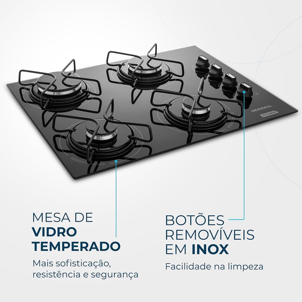 MONDIAL Cooktop a Gás, 4 Bocas, Preto/Inox, Bivolt - CTG-01