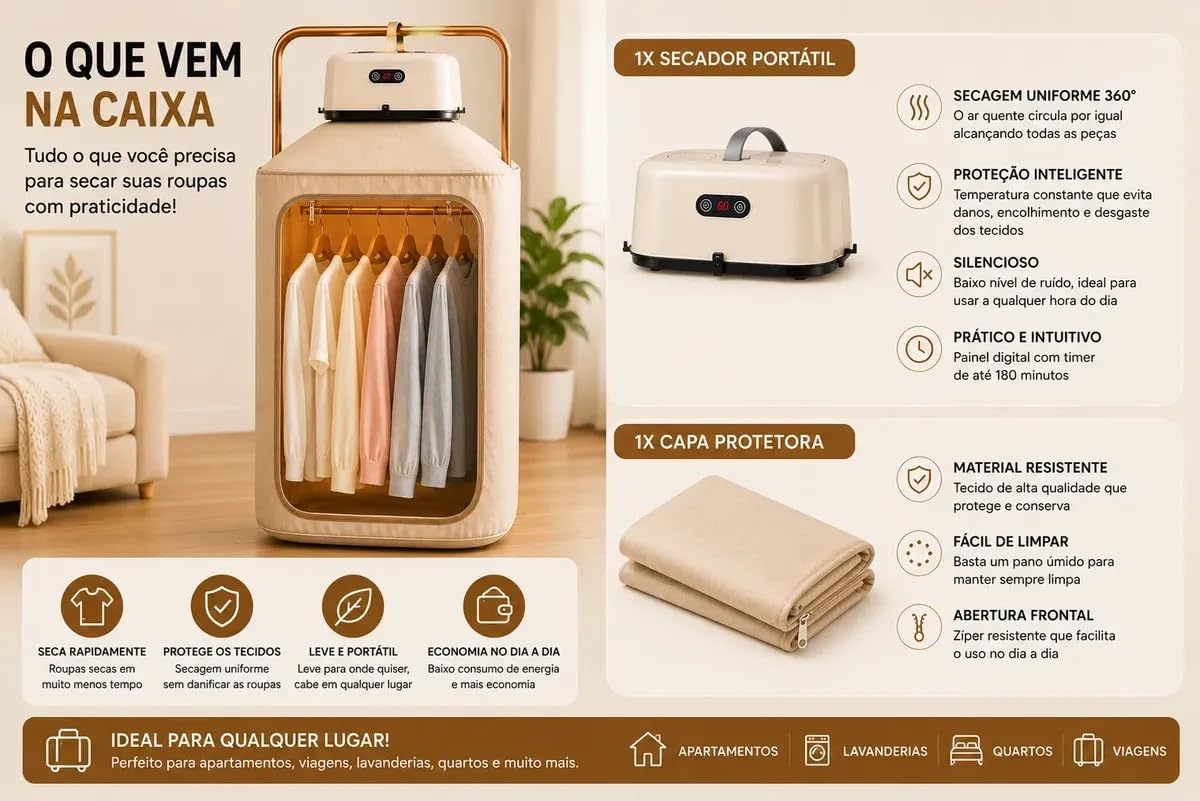 Secador de Roupas Elétrico Portátil 110V, Compacto e Leve