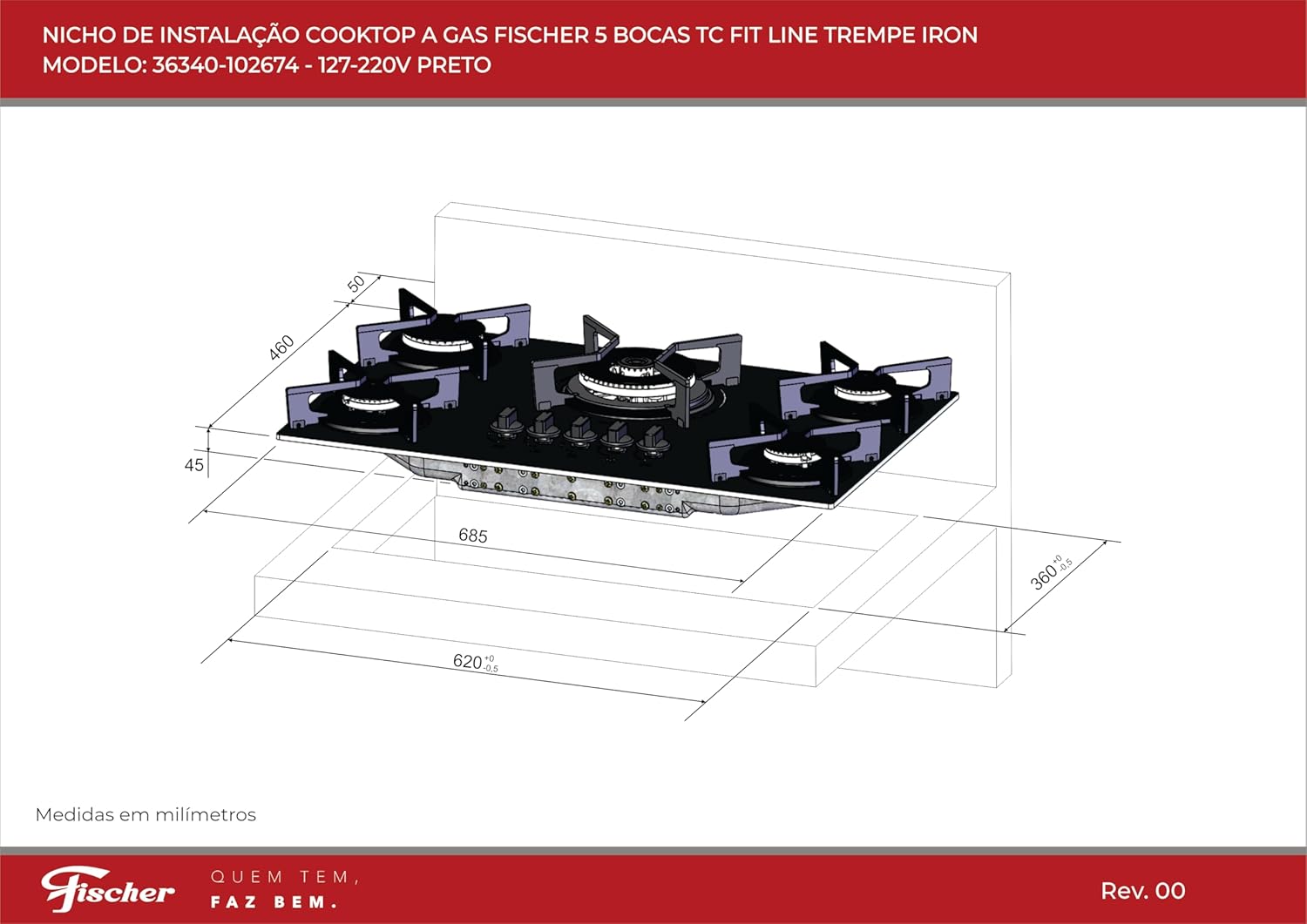 FISCHER COOKTOP À GÁS 5 BOCAS TRIPLA CHAMA FIT LINE TREMPE IRON MESA VIDRO PRETO BIVOLT 36340-102674