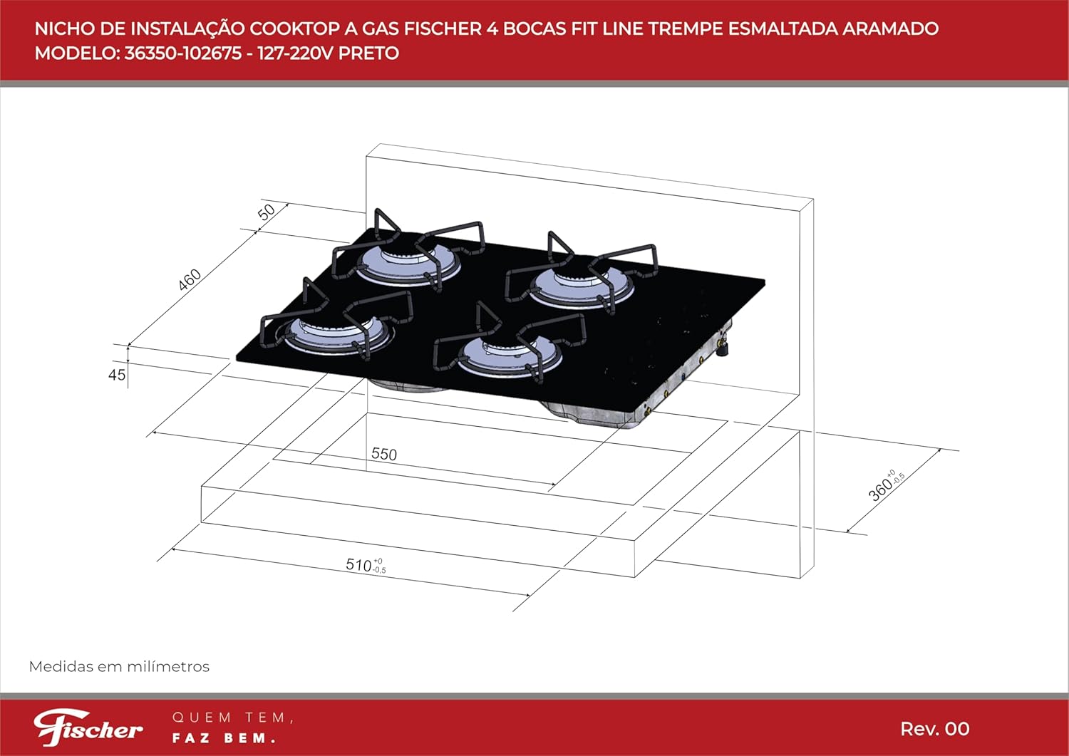 FISCHER COOKTOP À GÁS 4 BOCAS FIT LINE TREMPE ARAMADO MESA VIDRO PRETO BIVOLT 36350-102675