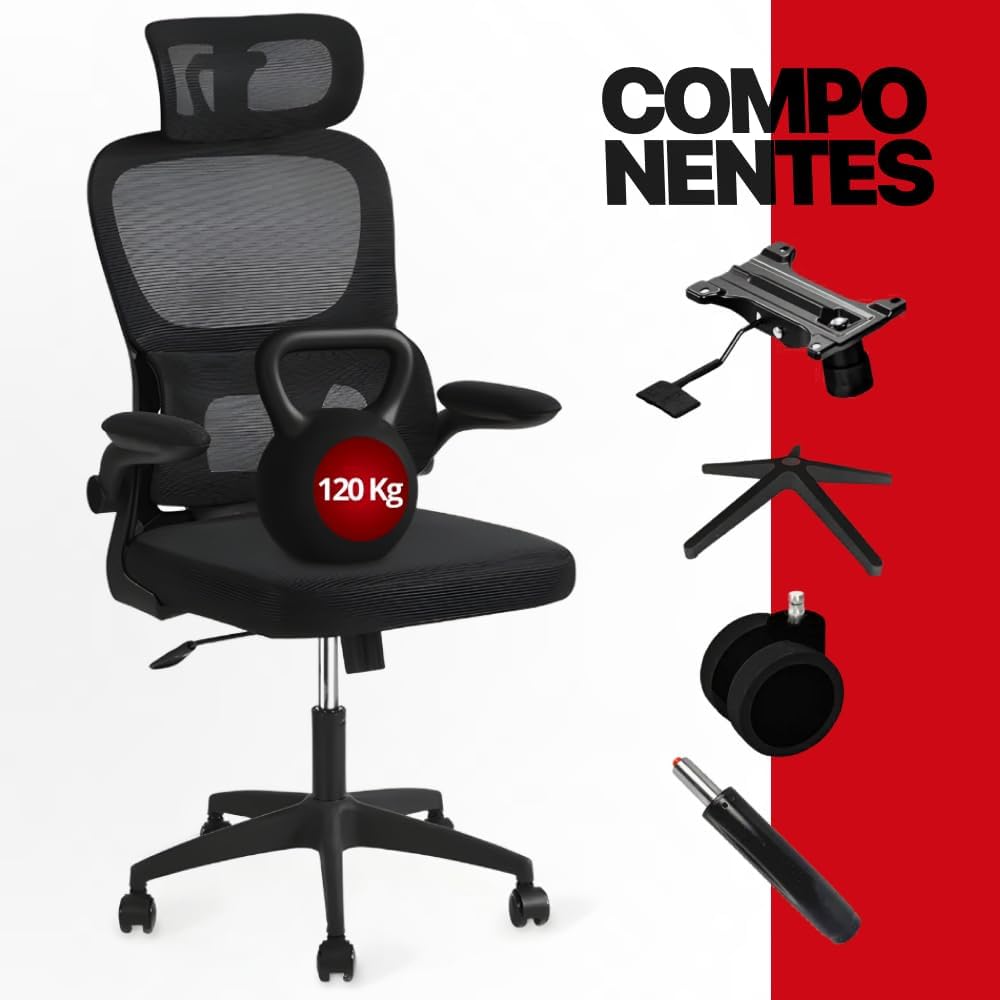 Cadeira de Escritório Ergonômica Suporte Lombar Independente Ajustável Tela Respirável Encosto de Cabeça Regulável Altura Ajustável Resistente Premium
