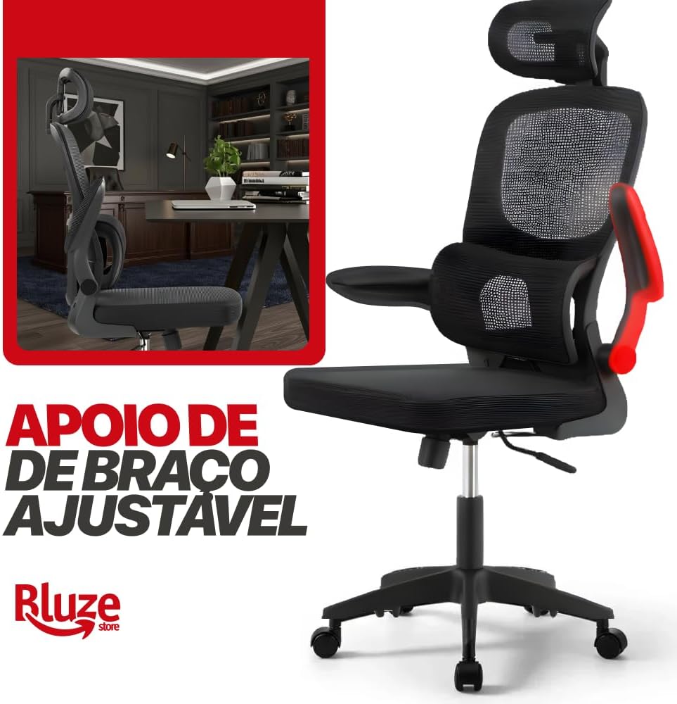 Cadeira de Escritório Ergonômica Suporte Lombar Independente Ajustável Tela Respirável Encosto de Cabeça Regulável Altura Ajustável Resistente Premium