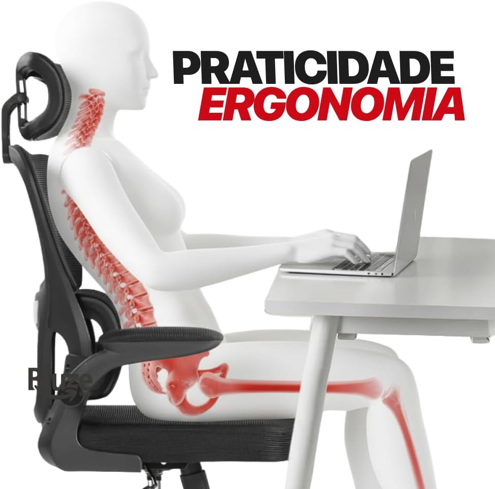 Cadeira de Escritório Ergonômica Suporte Lombar Independente Ajustável Tela Respirável Encosto de Cabeça Regulável Altura Ajustável Resistente Premium