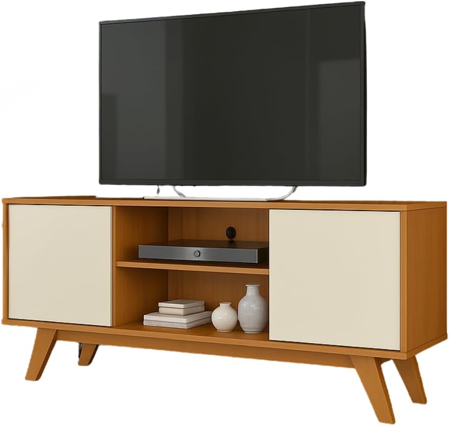 Rack Sala de Estar Turim 2 Portas e Nichos - Para TV até 50 Polegadas Pés Retrô em Madeira (Cedro/Off)