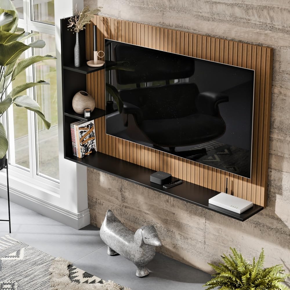 Painel Para TV 50 Polegadas Sala/Quarto Nicho Prateleira Berlim (Ripado/Preto)
