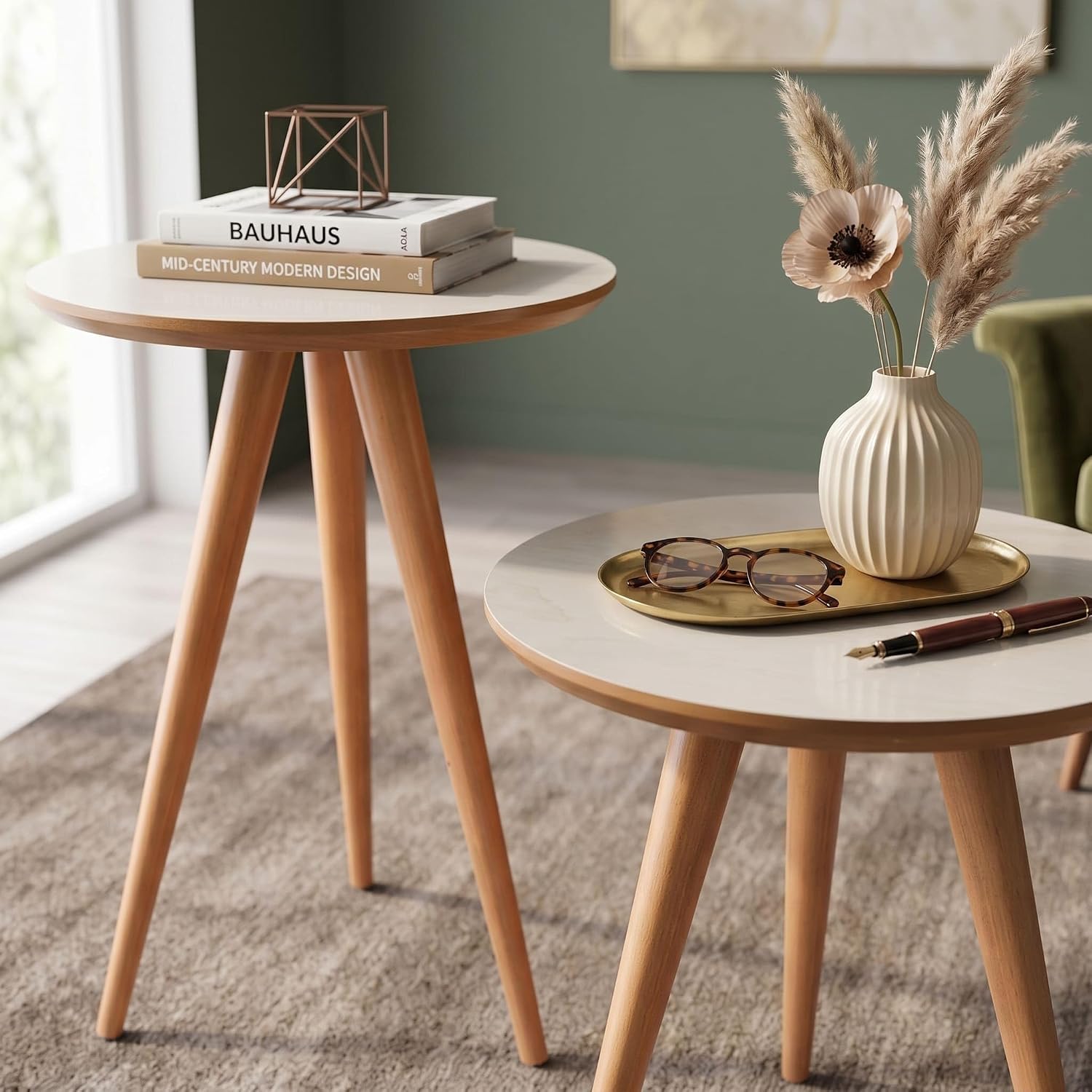 Kit Mesa Apoio e Lateral de Sofá Retrô Classic com 3 Pernas Decoração - Off White/Freijo
