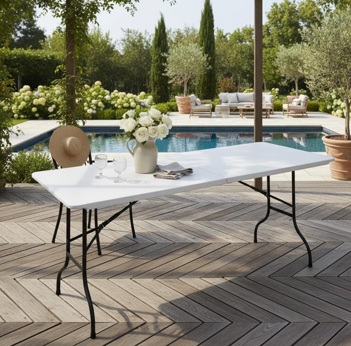 Mesa Dobrável Vira Maleta Com Alça Portátil 1.80m Para Camping Pesca Jardim Área Externa Ou Interna Salão De Festas Gourmet (Branco)