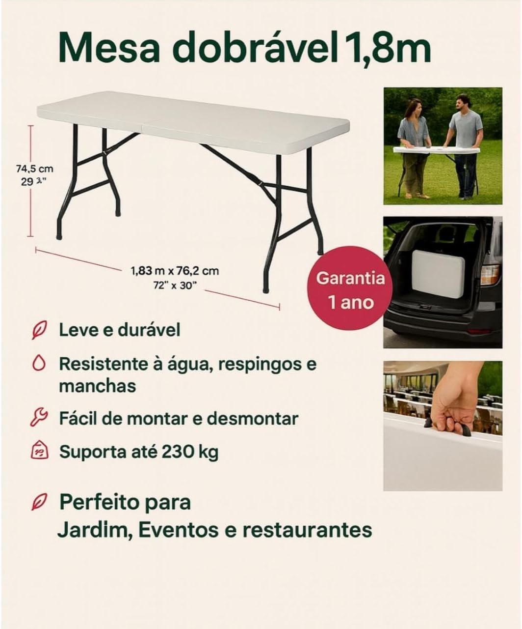 Mesa Dobrável Vira Maleta Com Alça Portátil 1.80m Para Camping Pesca Jardim Área Externa Ou Interna Salão De Festas Gourmet (Branco)