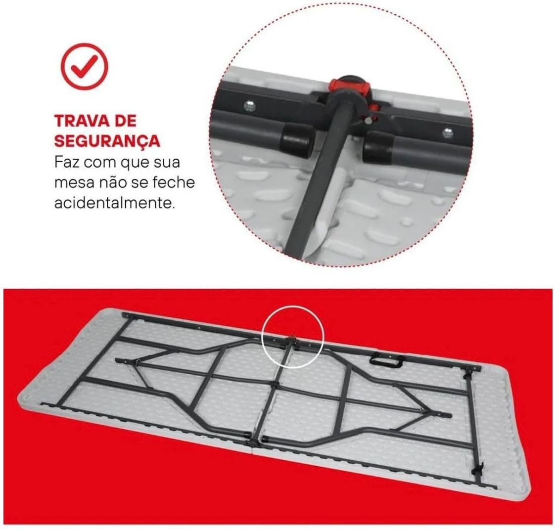 Mesa Dobrável Vira Maleta Com Alça Portátil 1.80m Para Camping Pesca Jardim Área Externa Ou Interna Salão De Festas Gourmet (Branco)