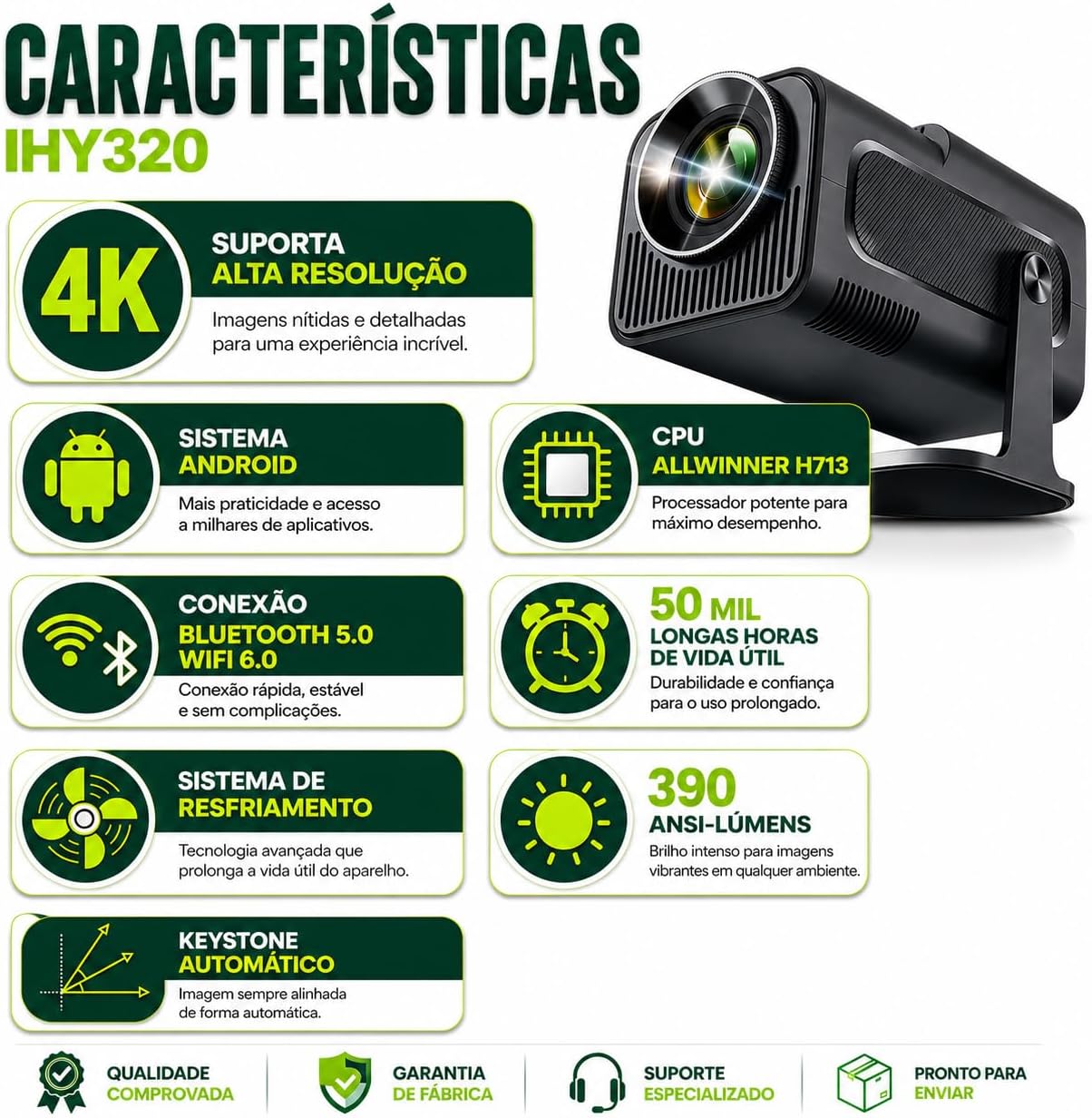 Mini Projetor Hy320 Portátil 5G Wi-Fi 6 Bluetooth 5.0 Android 11 4K 1080P Full HD 12000 Lumens LED Auto Correção Trapezoidal Horizontal Rotação 180° Ideal para Projeções Cinemáticas Premium